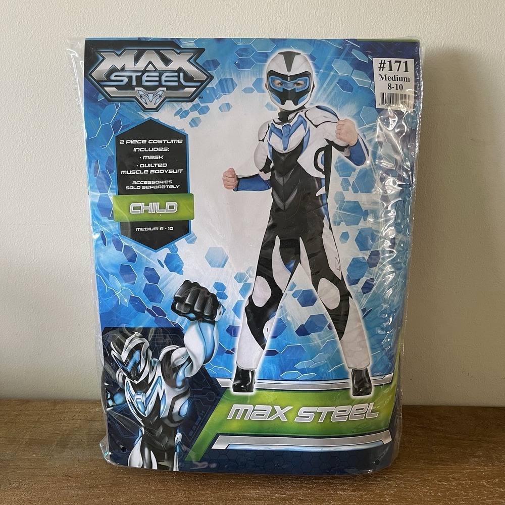 Max Steel Costume Boys Medium 8-10 Muscle Bodysuit Mask Mattel Halloween